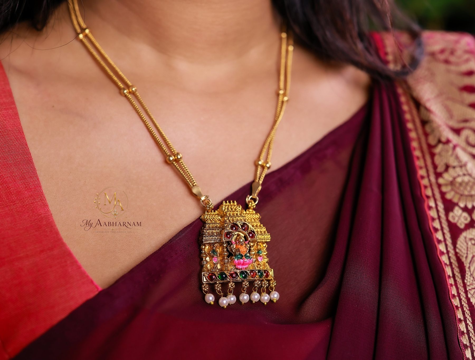 Gold temple pendant necklace with pearl drops